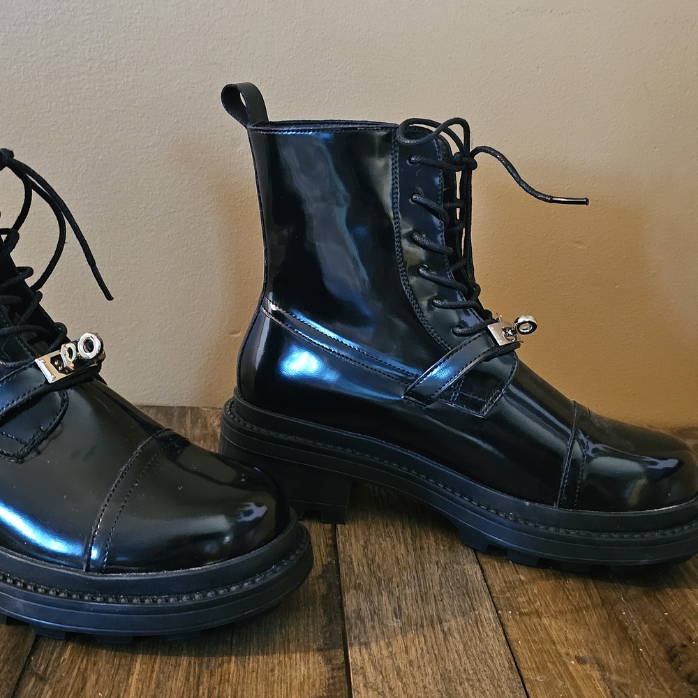 Black Patent Leather Lace-Up Boots